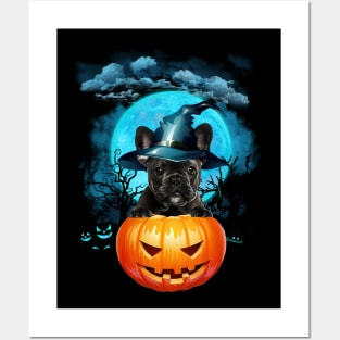 French Bulldog Witch Hat Pumpkin And Blue Moon Halloween Posters and Art